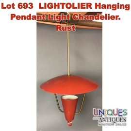 Lot 693 LIGHTOLIER Hanging Pendant Light Chandelier. Rust