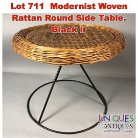 Lot 711 Modernist Woven Rattan Round Side Table. Black ir