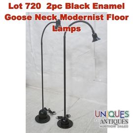 Lot 720 2pc Black Enamel Goose Neck Modernist Floor Lamps