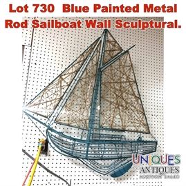 Lot 730 Blue Painted Metal Rod Sailboat Wall Sculptural. 