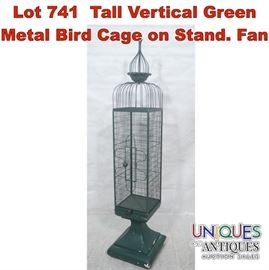 Lot 741 Tall Vertical Green Metal Bird Cage on Stand. Fan