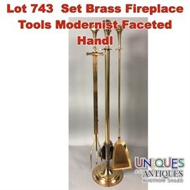 Lot 743 Set Brass Fireplace Tools Modernist Faceted Handl