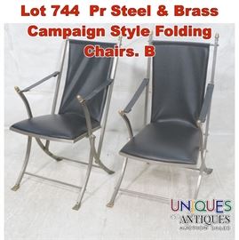 Lot 744 Pr Steel  Brass Campaign Style Folding Chairs. B