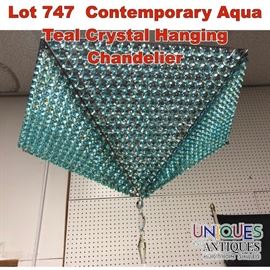 Lot 747 Contemporary Aqua Teal Crystal Hanging Chandelier