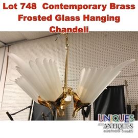 Lot 748 Contemporary Brass Frosted Glass Hanging Chandeli