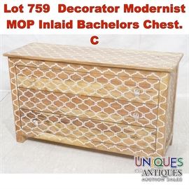 Lot 759 Decorator Modernist MOP Inlaid Bachelors Chest. C