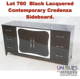 Lot 760 Black Lacquered Contemporary Credenza Sideboard. 
