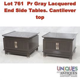 Lot 761 Pr Gray Lacquered End Side Tables. Cantilever top