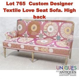 Lot 765 Custom Designer Textile Love Seat Sofa. High back