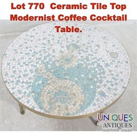 Lot 770 Ceramic Tile Top Modernist Coffee Cocktail Table.