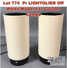 Lot 774 Pr LIGHTOLIER Off White Modernist Column Lamps