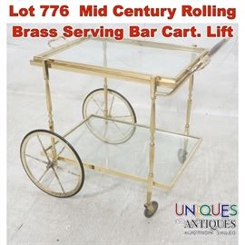 Lot 776 Mid Century Rolling Brass Serving Bar Cart. Lift 