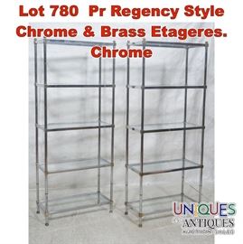 Lot 780 Pr Regency Style Chrome  Brass Etageres. Chrome 