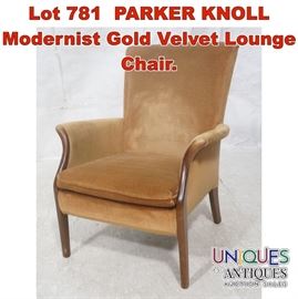 Lot 781 PARKER KNOLL Modernist Gold Velvet Lounge Chair. 