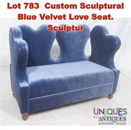 Lot 783 Custom Sculptural Blue Velvet Love Seat. Sculptur