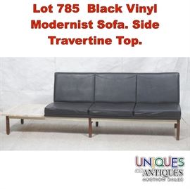 Lot 785 Black Vinyl Modernist Sofa. Side Travertine Top.