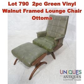 Lot 790 2pc Green Vinyl Walnut Framed Lounge Chair Ottoma