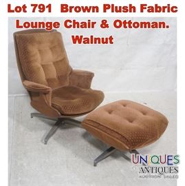 Lot 791 Brown Plush Fabric Lounge Chair  Ottoman. Walnut