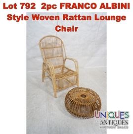 Lot 792 2pc FRANCO ALBINI Style Woven Rattan Lounge Chair