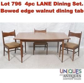 Lot 796 4pc LANE Dining Set. Bowed edge walnut dining tab