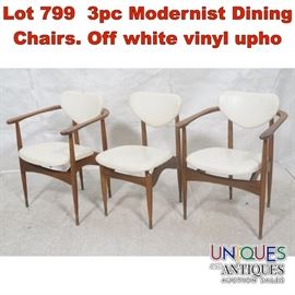 Lot 799 3pc Modernist Dining Chairs. Off white vinyl upho