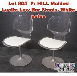 Lot 805 Pr HILL Molded Lucite Low Bar Stools. White paten