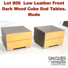 Lot 806 Low Leather Front Dark Wood Cube End Tables. Mode