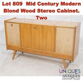 Lot 809 Mid Century Modern Blond Wood Stereo Cabinet. Two