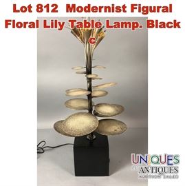 Lot 812 Modernist Figural Floral Lily Table Lamp. Black c