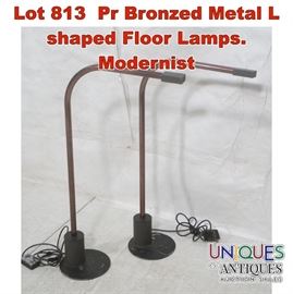 Lot 813 Pr Bronzed Metal L shaped Floor Lamps. Modernist 