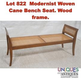 Lot 822 Modernist Woven Cane Bench Seat. Wood frame.