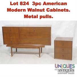 Lot 824 3pc American Modern Walnut Cabinets. Metal pulls.