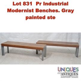 Lot 831 Pr Industrial Modernist Benches. Gray painted ste
