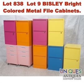 Lot 838 Lot 9 BISLEY Bright Colored Metal File Cabinets. 