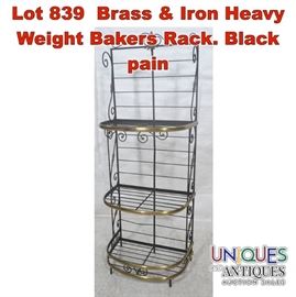 Lot 839 Brass  Iron Heavy Weight Bakers Rack. Black pain