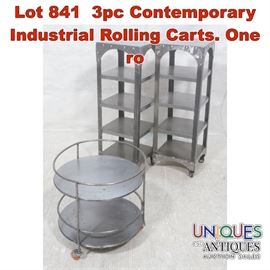 Lot 841 3pc Contemporary Industrial Rolling Carts. One ro