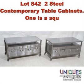 Lot 842 2 Steel Contemporary Table Cabinets. One is a squ