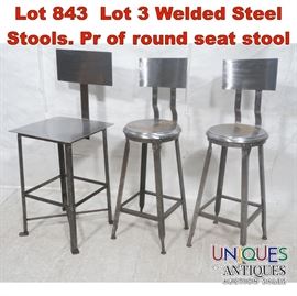 Lot 843 Lot 3 Welded Steel Stools. Pr of round seat stool