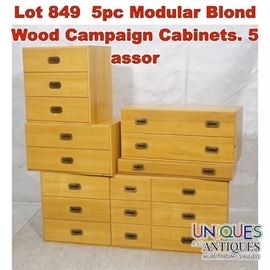 Lot 849 5pc Modular Blond Wood Campaign Cabinets. 5 assor