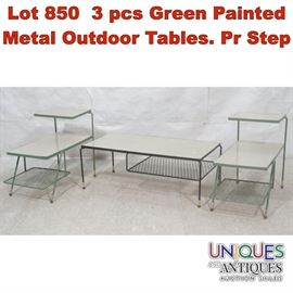 Lot 850 3 pcs Green Painted Metal Outdoor Tables. Pr Step