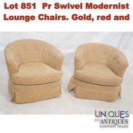 Lot 851 Pr Swivel Modernist Lounge Chairs. Gold, red and 