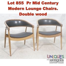 Lot 855 Pr Mid Century Modern Lounge Chairs. Double wood 