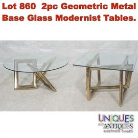 Lot 860 2pc Geometric Metal Base Glass Modernist Tables. 