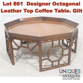 Lot 861 Designer Octagonal Leather Top Coffee Table. Gilt