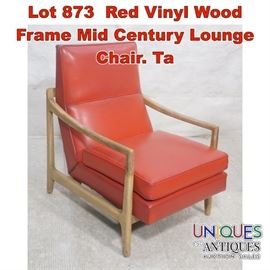 Lot 873 Red Vinyl Wood Frame Mid Century Lounge Chair. Ta