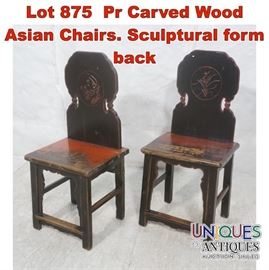 Lot 875 Pr Carved Wood Asian Chairs. Sculptural form back
