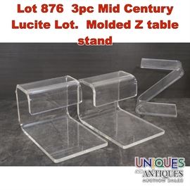 Lot 876 3pc Mid Century Lucite Lot. Molded Z table stand