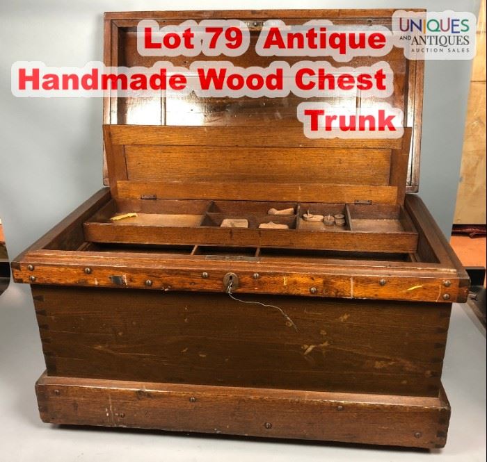 Lot 79 Antique Handmade Wood Chest Trunk. Antique screw 