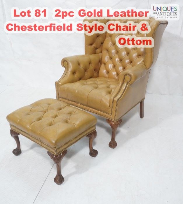 Lot 81 2pc Gold Leather Chesterfield Style Chair  Ottom