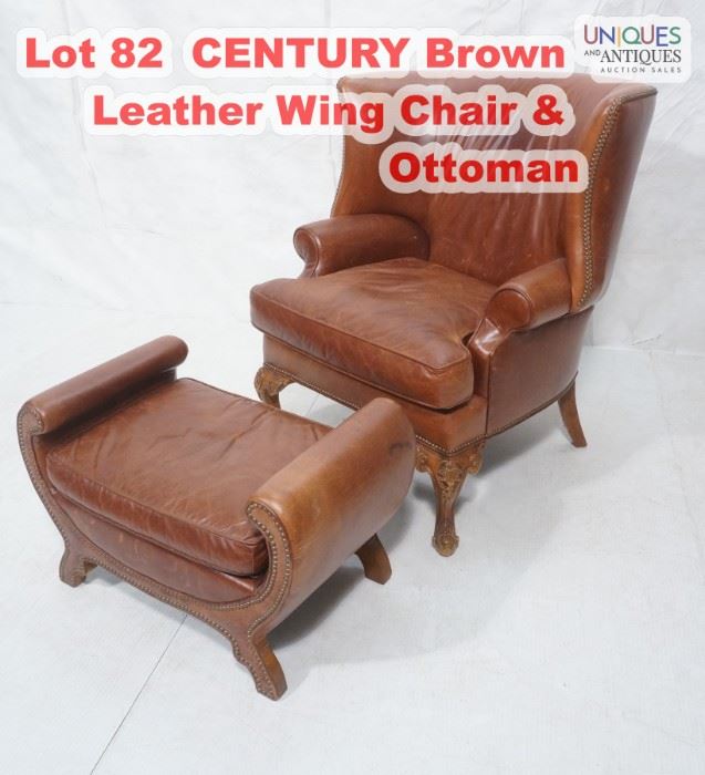 Lot 82 CENTURY Brown Leather Wing Chair  Ottoman. Wide 